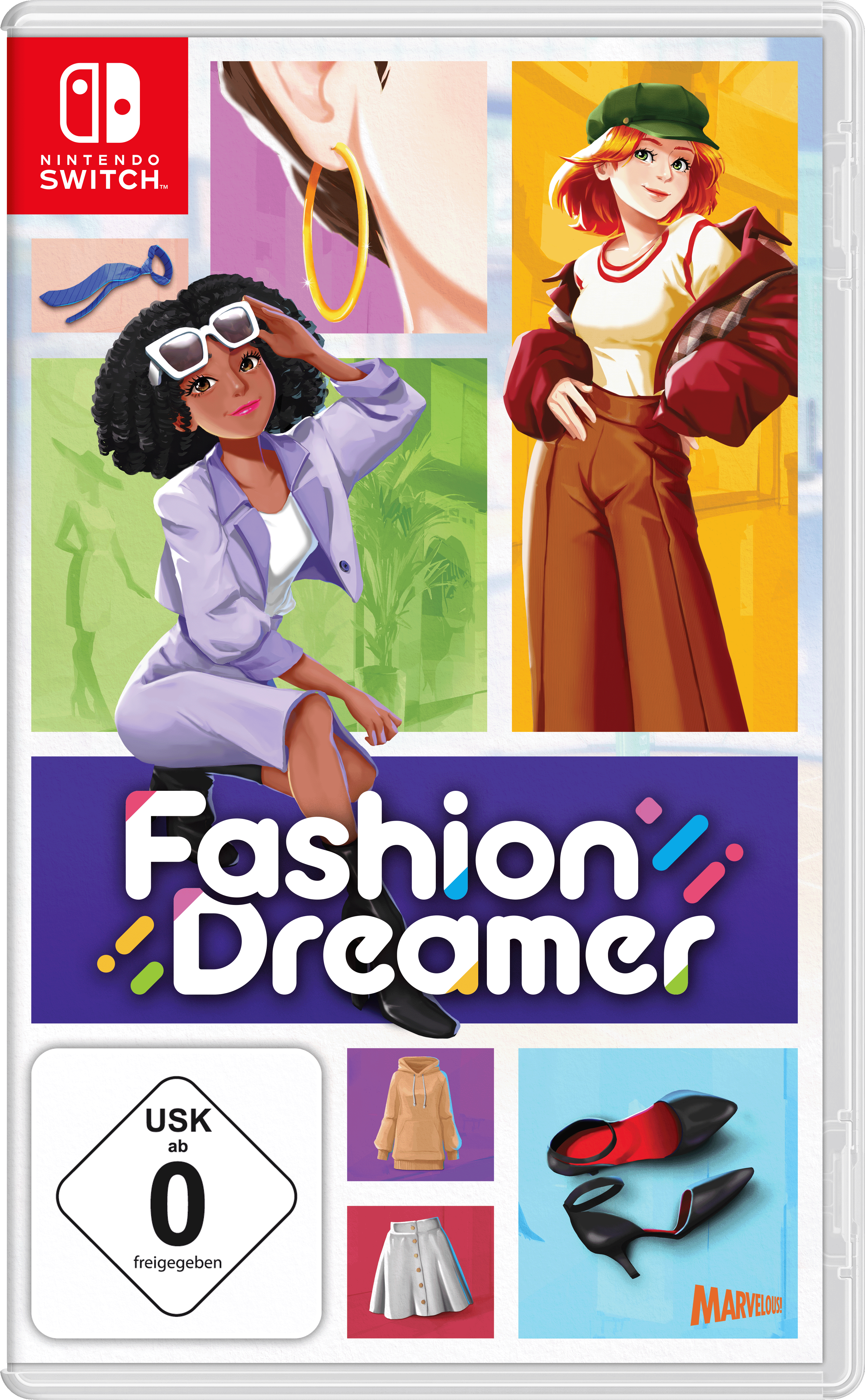 Spielcover: 'Fashion Dreamer' mit stilvollen Frauen, Produktdetails und Nintendo Switch Logo.