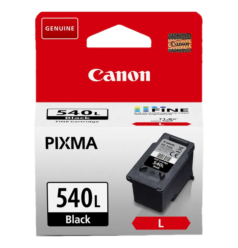 Canon 540L schwarze Tintenpatrone in einer rot-schwarzen Box, weißer Hintergrund.