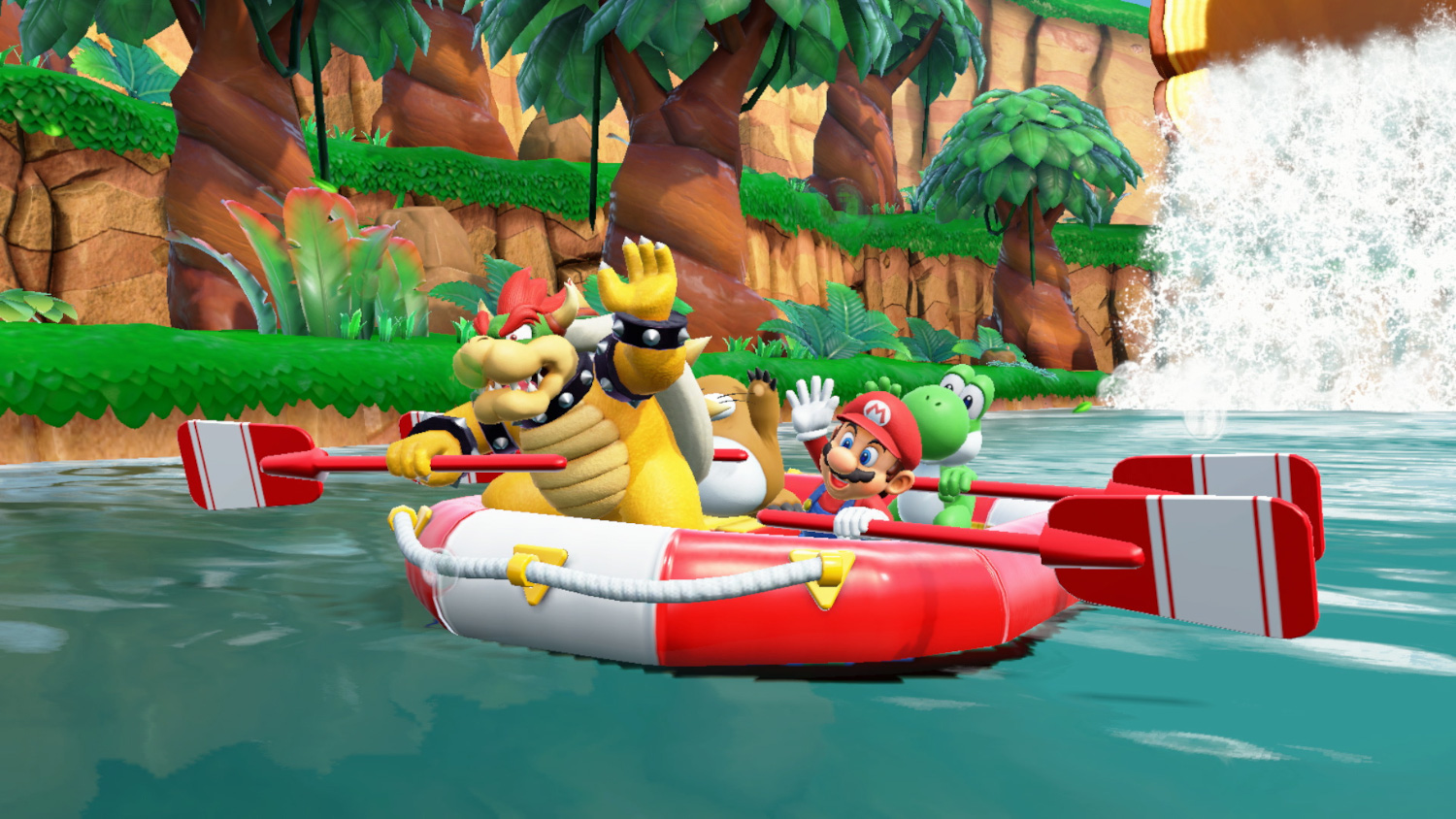 Mario, Yoshi et d'autres sont sur un radeau rouge et blanc dans une rivière. Ils font signe.