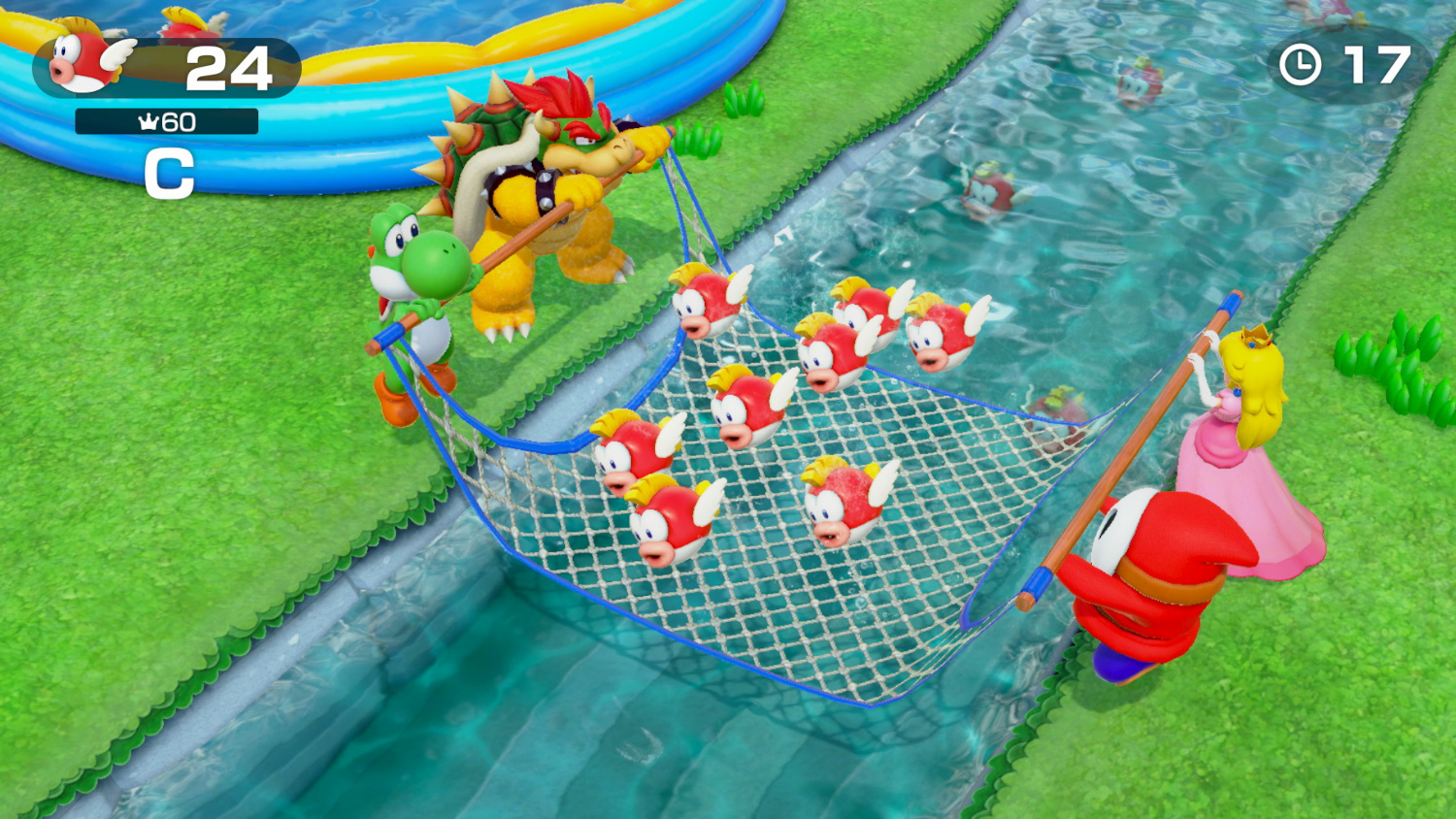 Bowser et Yoshi pêchent. La Princesse Peach et un Shy Guy sont également présents dans le jeu.