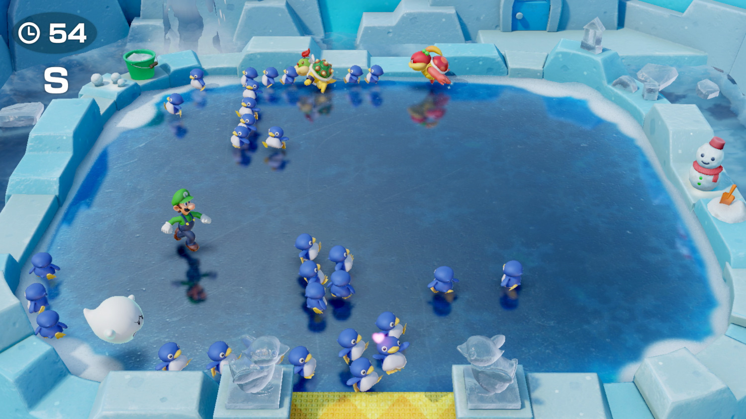 Scène de jeu vidéo avec des personnages et des pingouins sur glace. Neige et bonhomme de neige visibles.