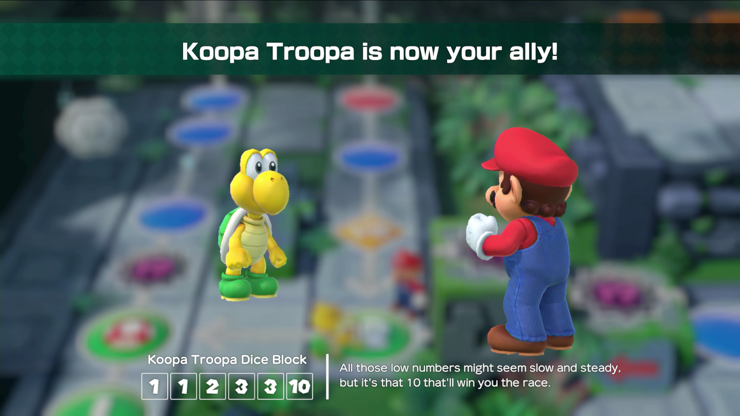 Mario parlant à Koopa Troopa. Bloc de dés avec des nombres, scène de jeu.