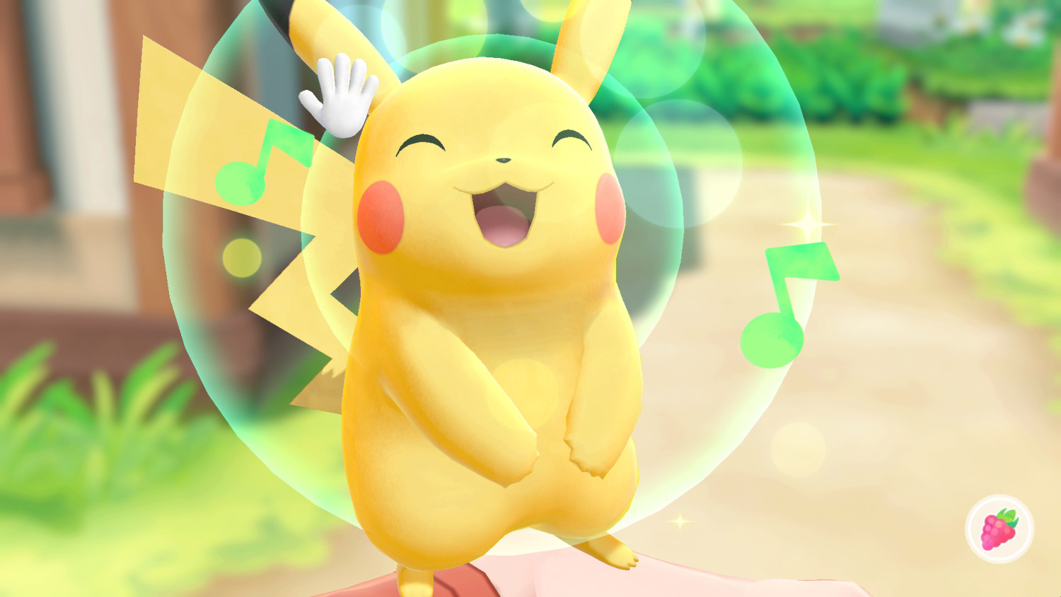 Pikachu met een vrolijke uitdrukking, armen omhoog. Groene muzieknoten en lichtstralen omringen hem.