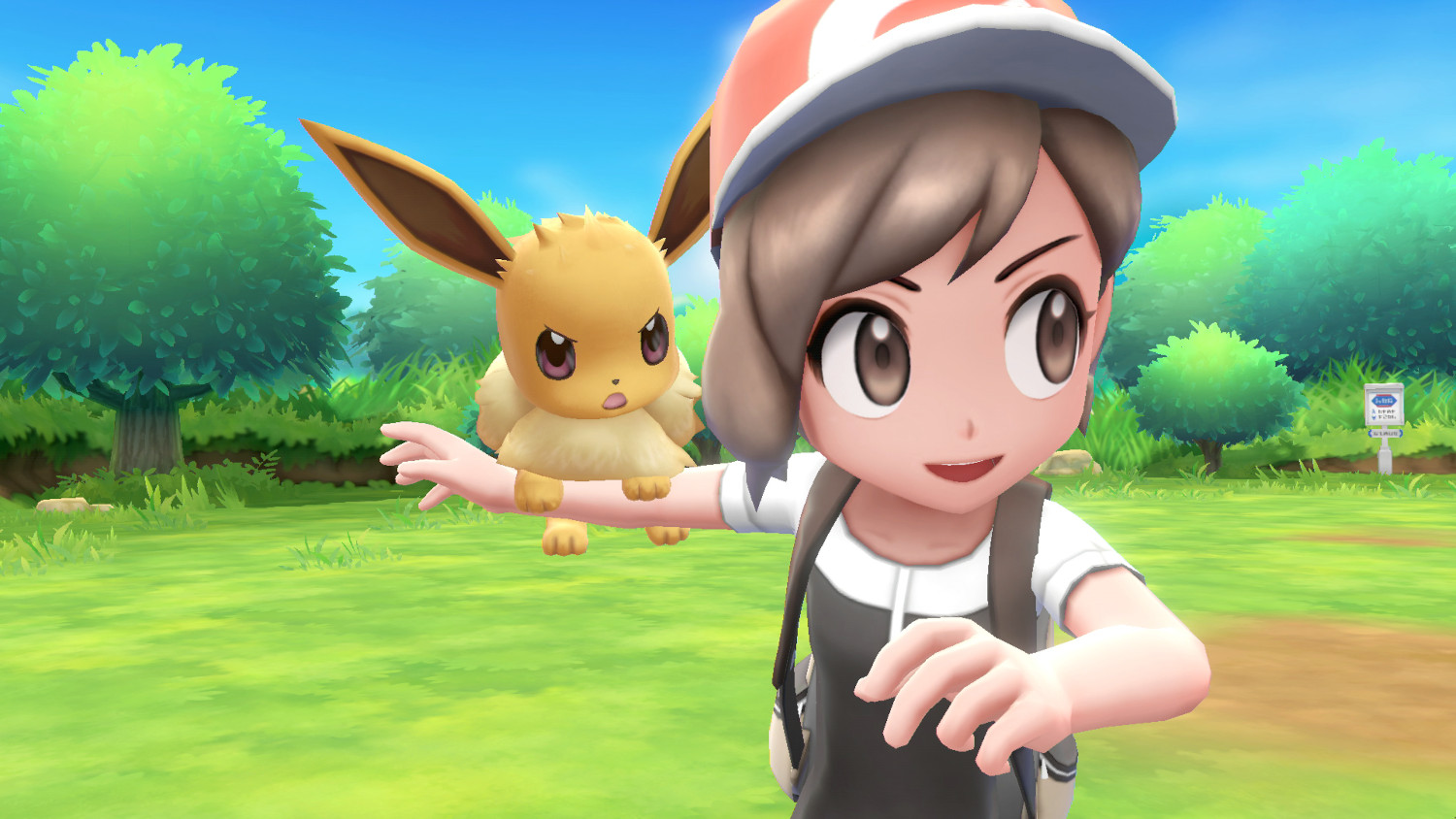 Een jonge vrouw met een Eevee Pokémon, beiden glimlachend, in een groen veld.