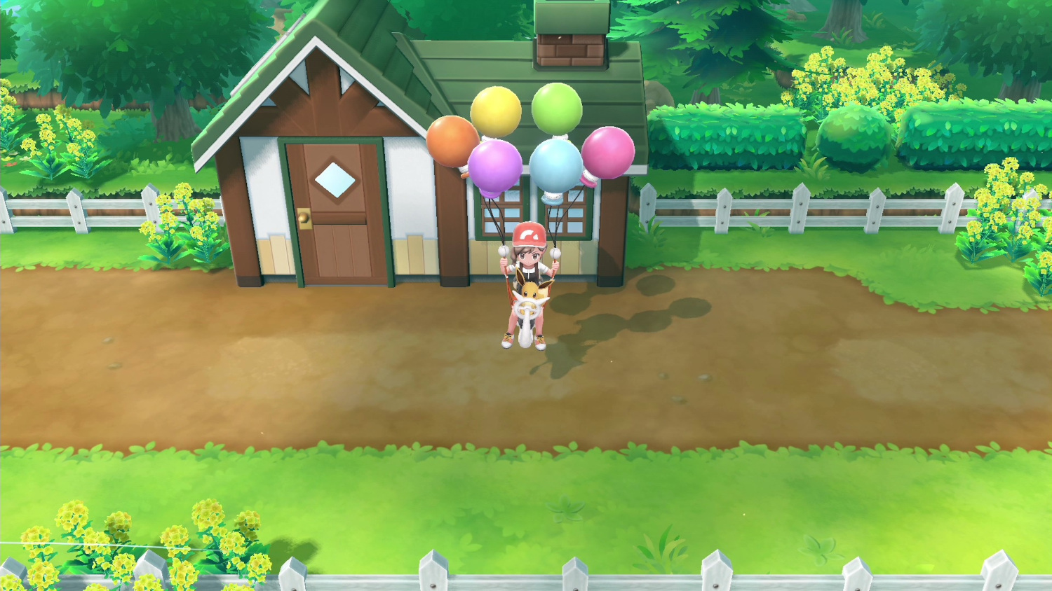 Een videogame scène met een huis en een personage met ballonnen. De scène is helder.