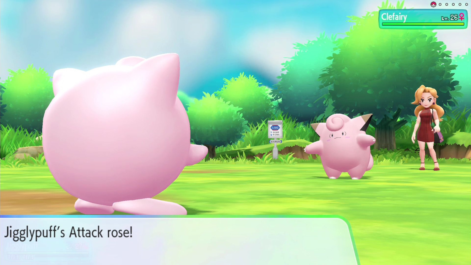 Pokémon-gevecht: Jigglypuff tegenover Clefairy en een trainer.