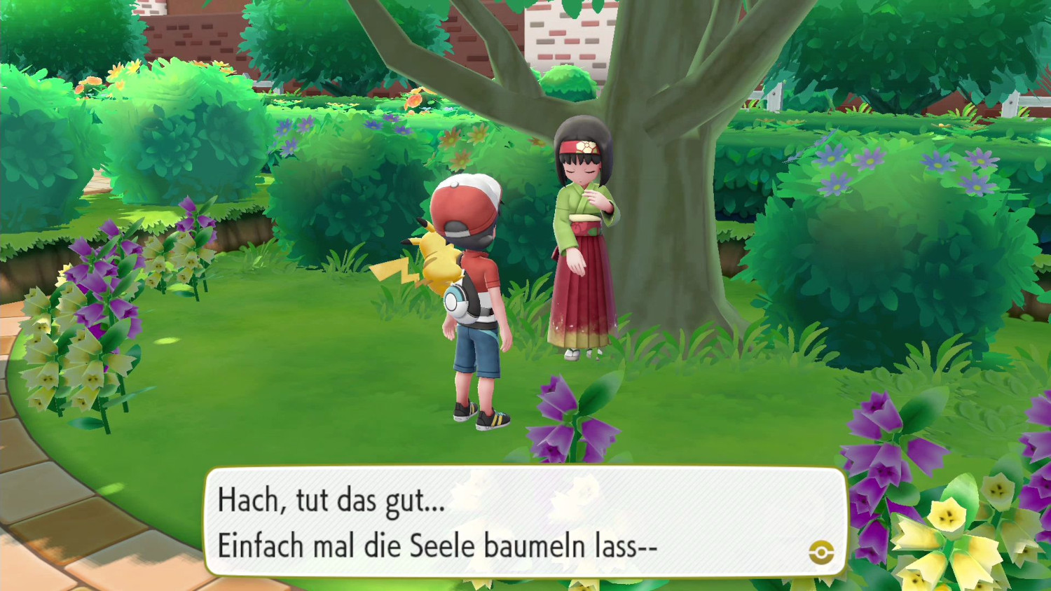 Videogame scène. Een jongen en een vrouw praten in een park. Spraakballon is zichtbaar.