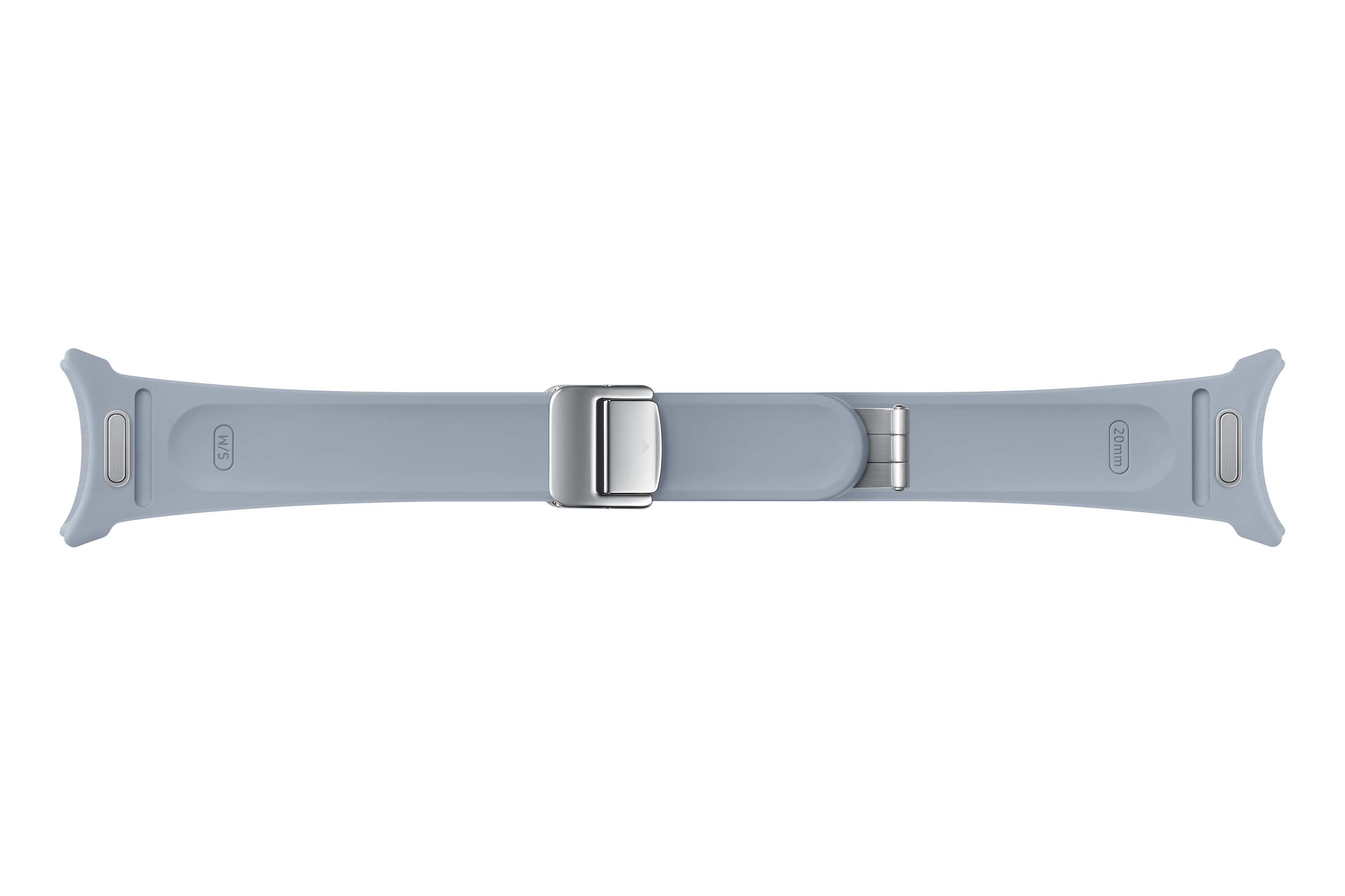 Una correa de reloj azul claro con cierre plateado, con los extremos etiquetados '20mm' y 'S/M'.