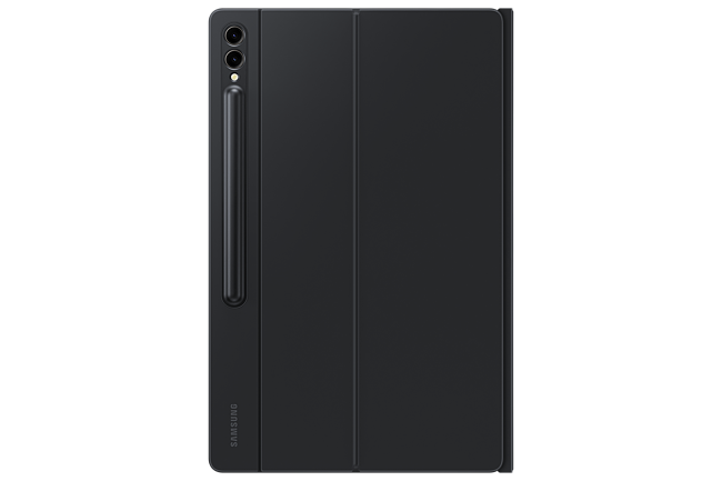 Funda negra para tableta Samsung con lápiz incorporado. La funda está cerrada.