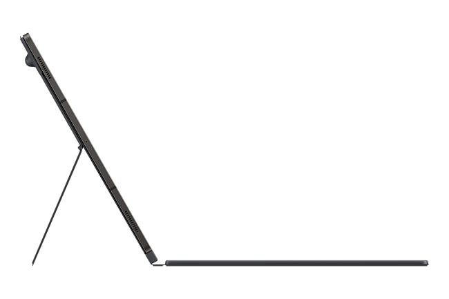 Una tableta de color oscuro con un teclado adjunto, abierta en ángulo.
