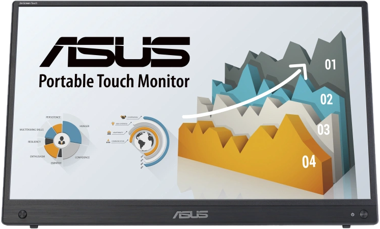 Moniteur tactile portable Asus avec graphiques de données à l'écran. Un logo en bas.