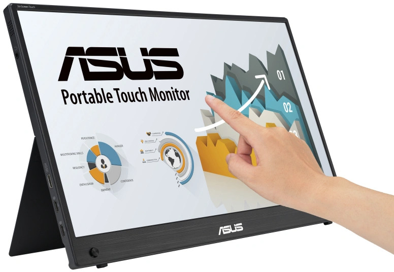 Un moniteur tactile portable affichant un graphique, avec une main touchant l'écran.