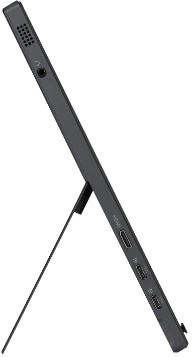 Une tablette noire avec un pied. Elle est vue de côté et possède plusieurs ports visibles.