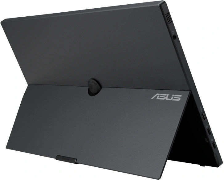 Une tablette noire avec un support. L'arrière montre le logo ASUS et divers ports.