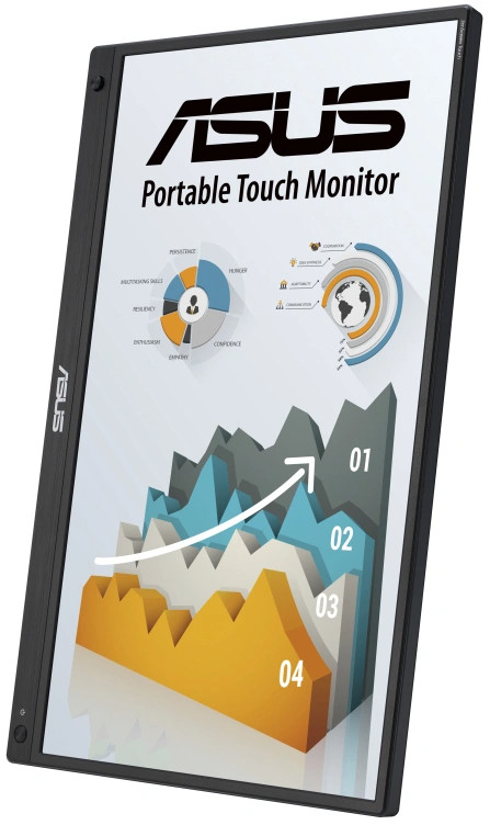 Un moniteur tactile portable ASUS noir affichant un graphique avec des lignes et des chiffres.