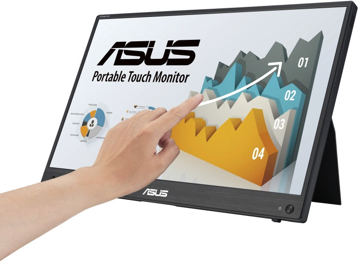 Main touchant un écran affichant un graphique, avec le logo ASUS.