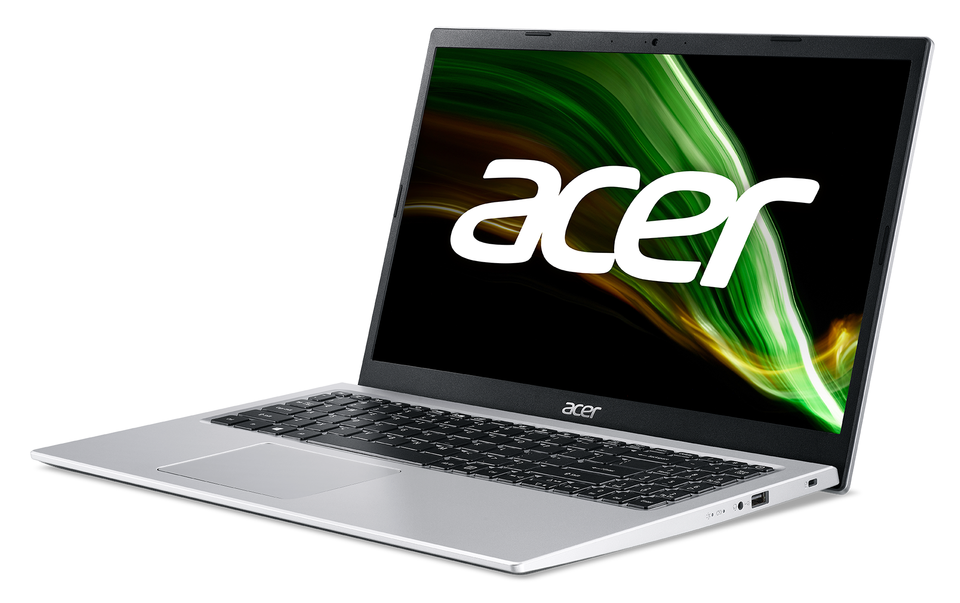 Laptop Acer plateado abierto sobre fondo negro. Pantalla muestra diseño abstracto verde y blanco.