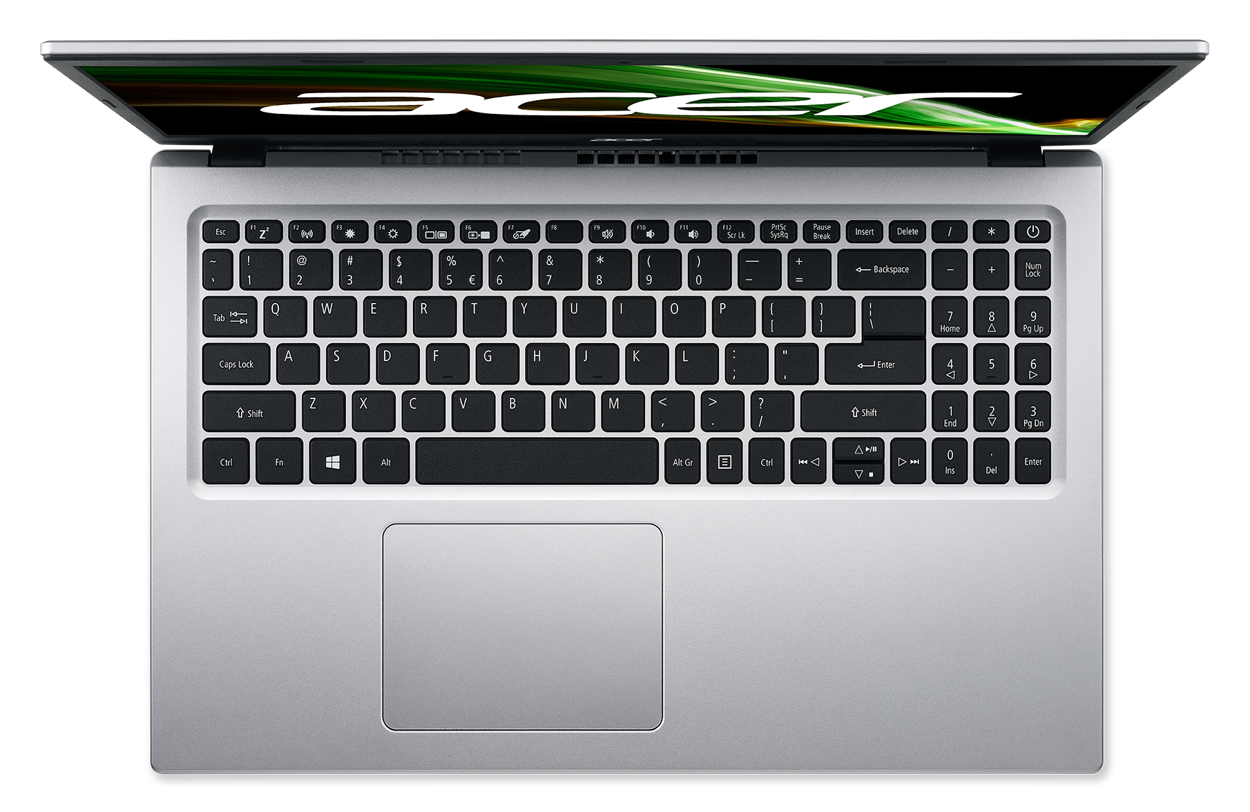 Portátil Acer, vista superior, abierto con teclado y panel táctil enfocados.