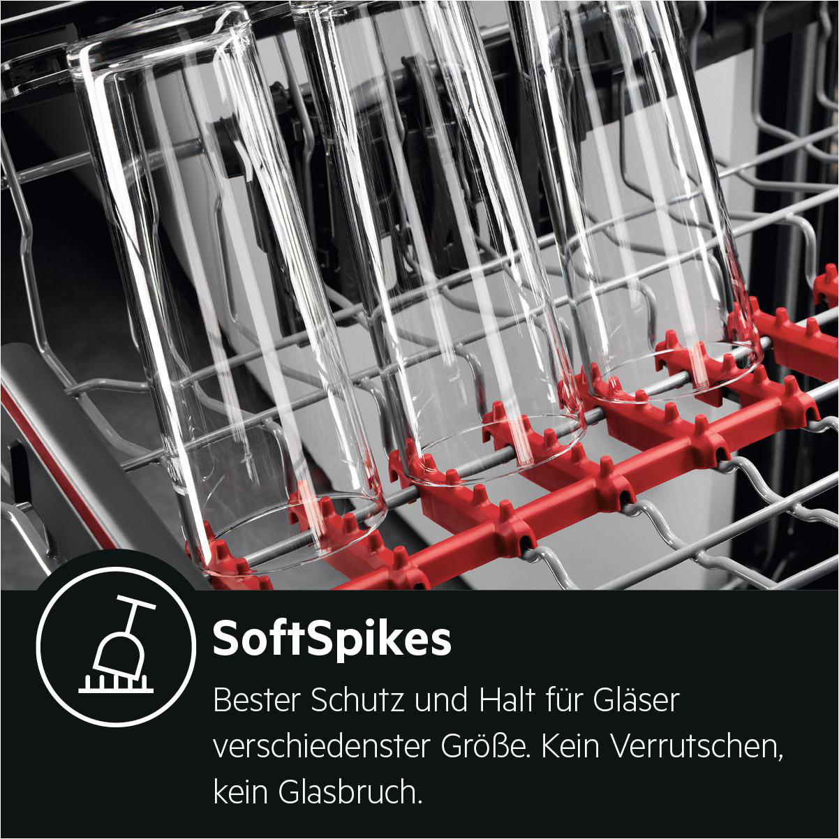 Klare Gläser in einem Geschirrspüler mit roten Haltern. Text sagt 'SoftSpikes' und Schutz für Gläser.