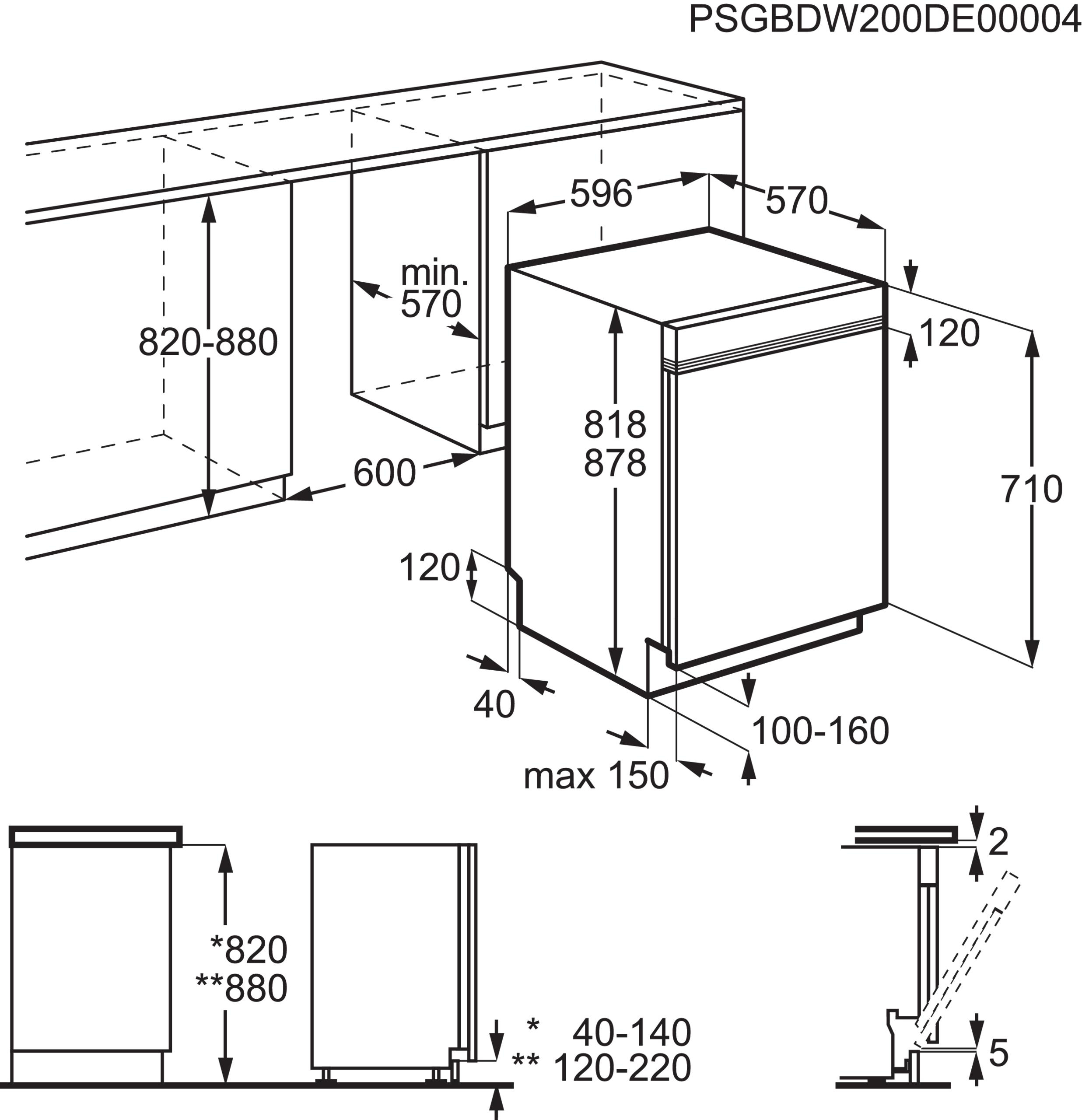 Diagramm eines Geschirrspülers mit Abmessungen und Maßen in Millimetern.