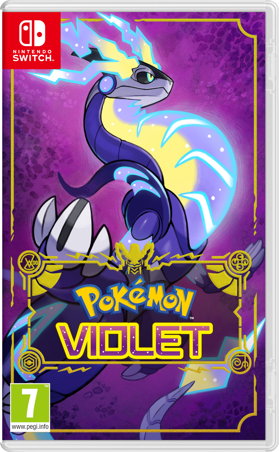 Nintendo Switch gamebox. Pokemon Violet is de titel. Een paarse draak is het hoofdpersonage.