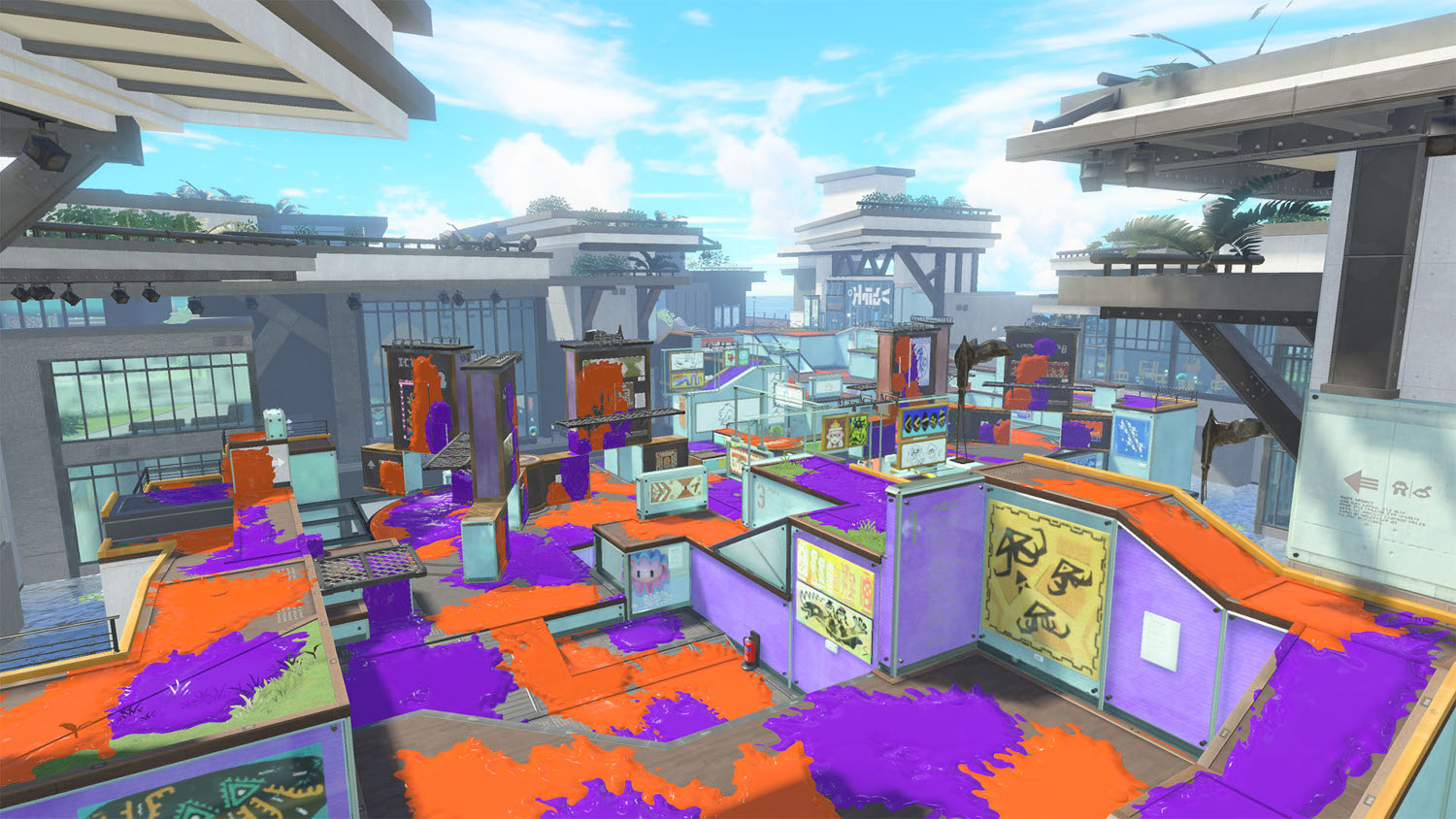 Splatoon 3 spelomgeving. Toont een multiplayer arena met levendige kleuren.