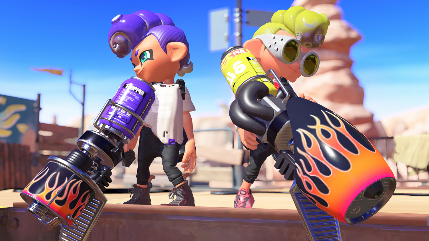 Twee personages uit een game, met wapens.