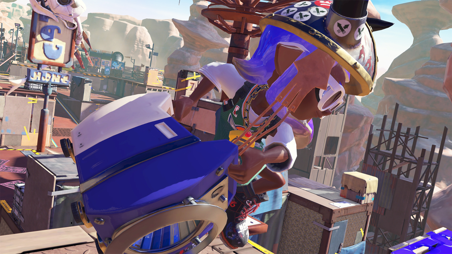 Een personage in een spel dat springt met een groot blauw en wit object.