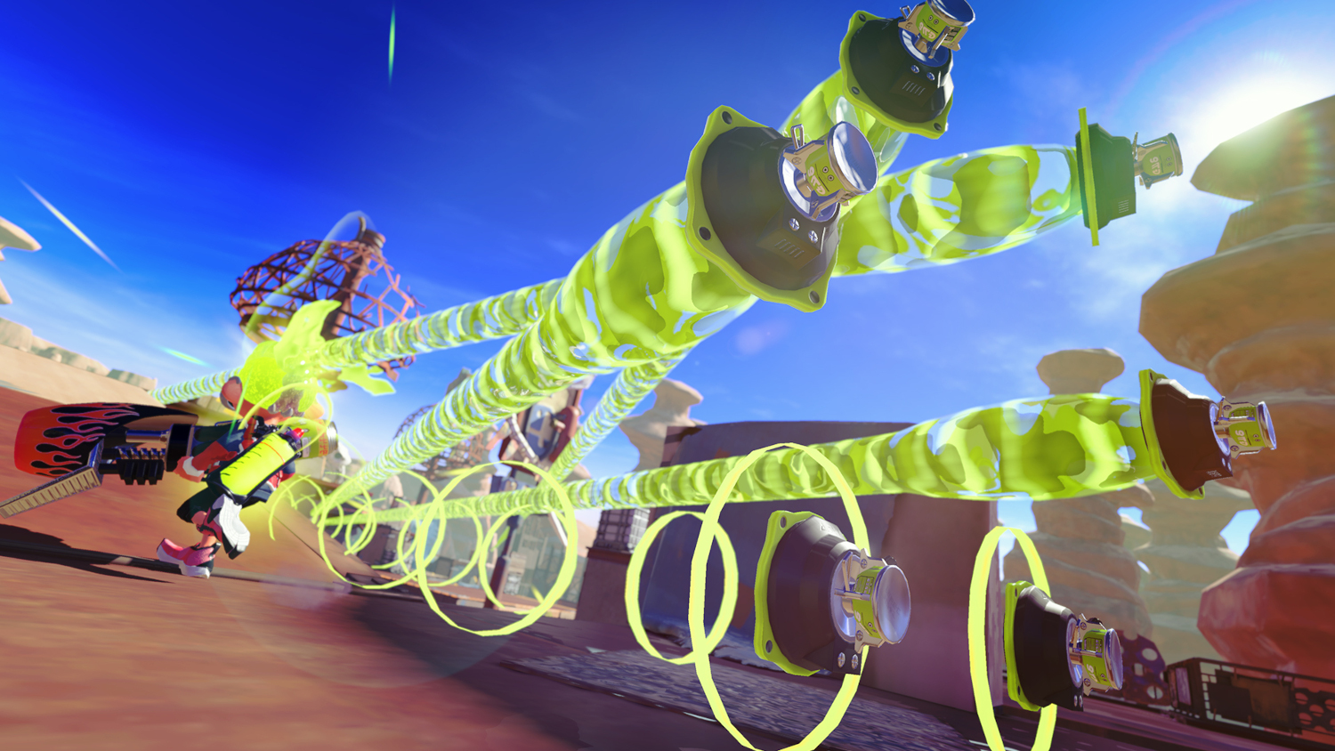 Een videogame scène met neon groene energielijnen. Woestijnlandschap op de achtergrond. Actie is bezig.