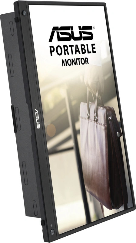 Moniteur portable ASUS noir. L'écran montre un homme tenant un sac marron.
