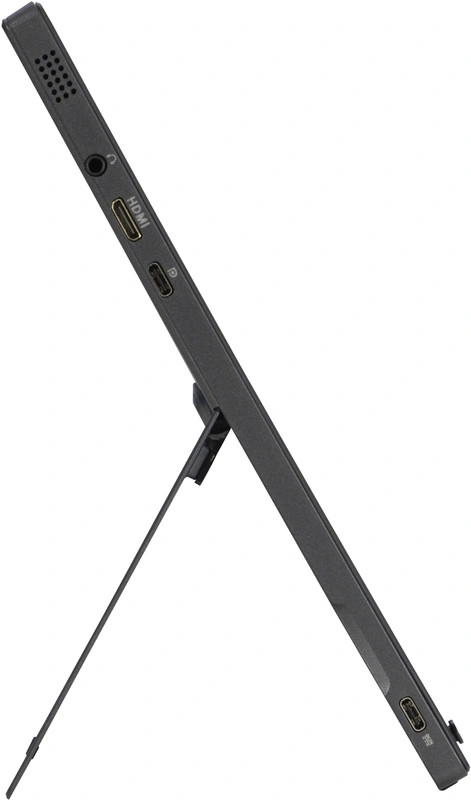 Vue latérale d'une tablette noire avec des ports et un support.