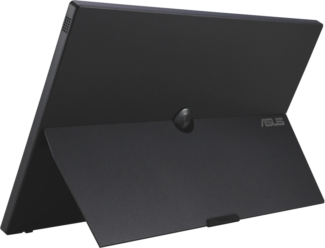 Tablette noire avec support, vue arrière, montrant le logo ASUS.