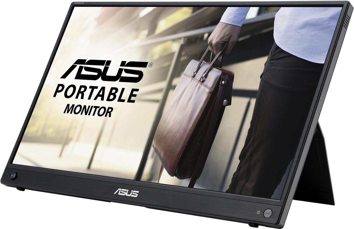 Moniteur portable noir avec le logo ASUS. L'écran affiche une image d'une personne portant une mallette.