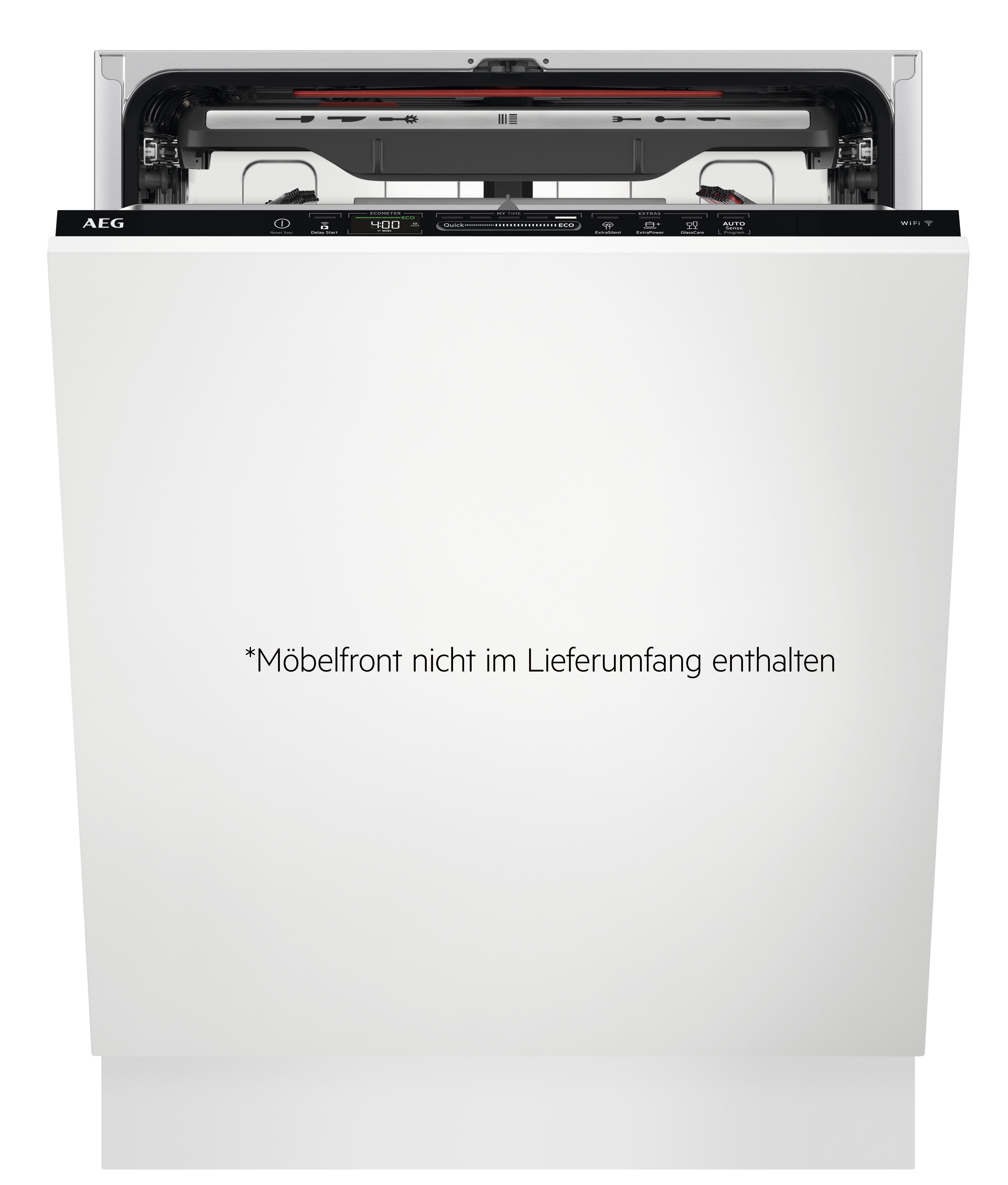Weiße AEG Geschirrspülmaschine. Sie hat Bedienelemente oben und die Tür ist offen.