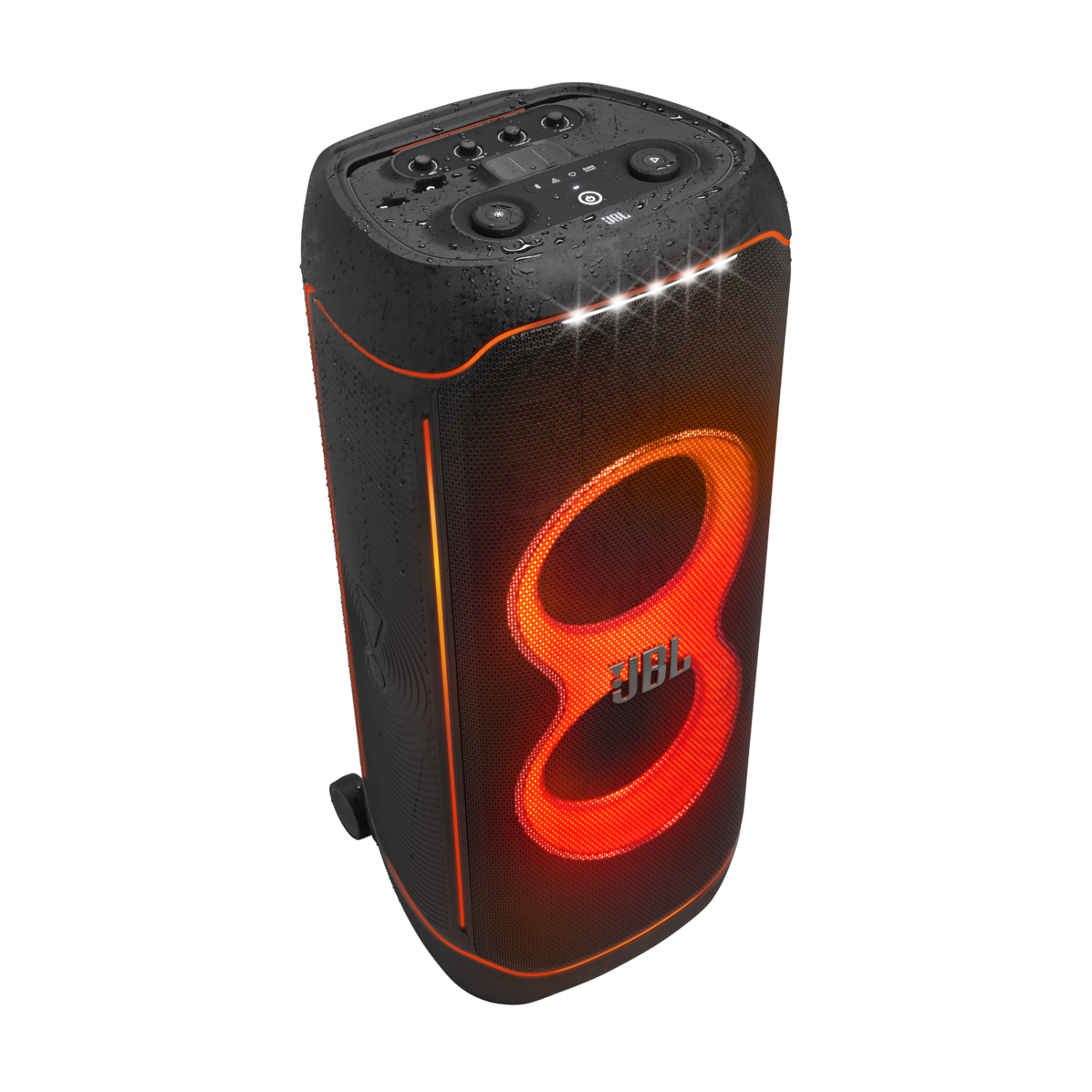 Een zwarte JBL-luidspreker met oranje accenten en een gloeiende oranje ring. Het staat op een zwarte achtergrond met witte lichten.
