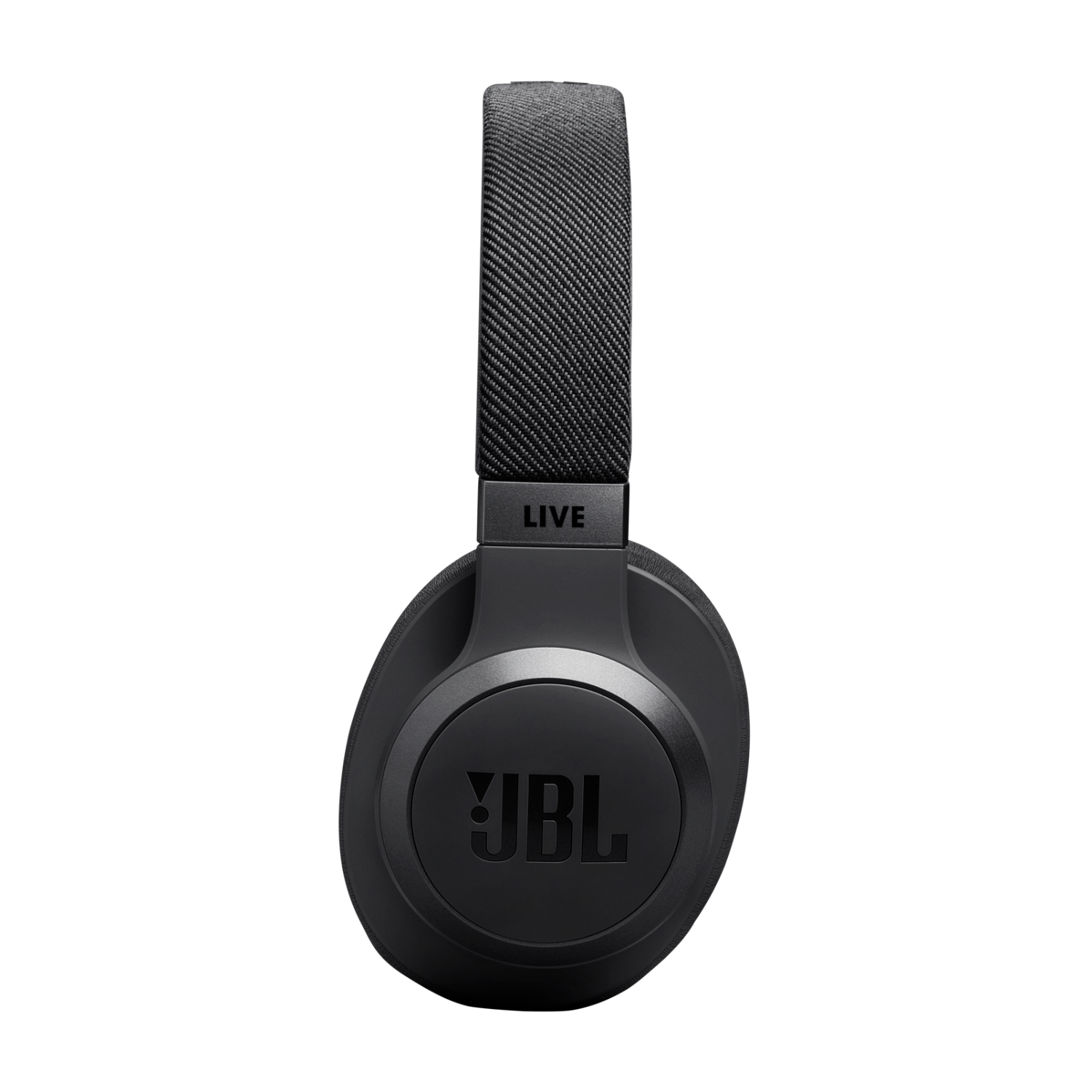 Zwarte JBL-hoofdtelefoon met het woord 'LIVE' op de hoofdband, op zwarte achtergrond.
