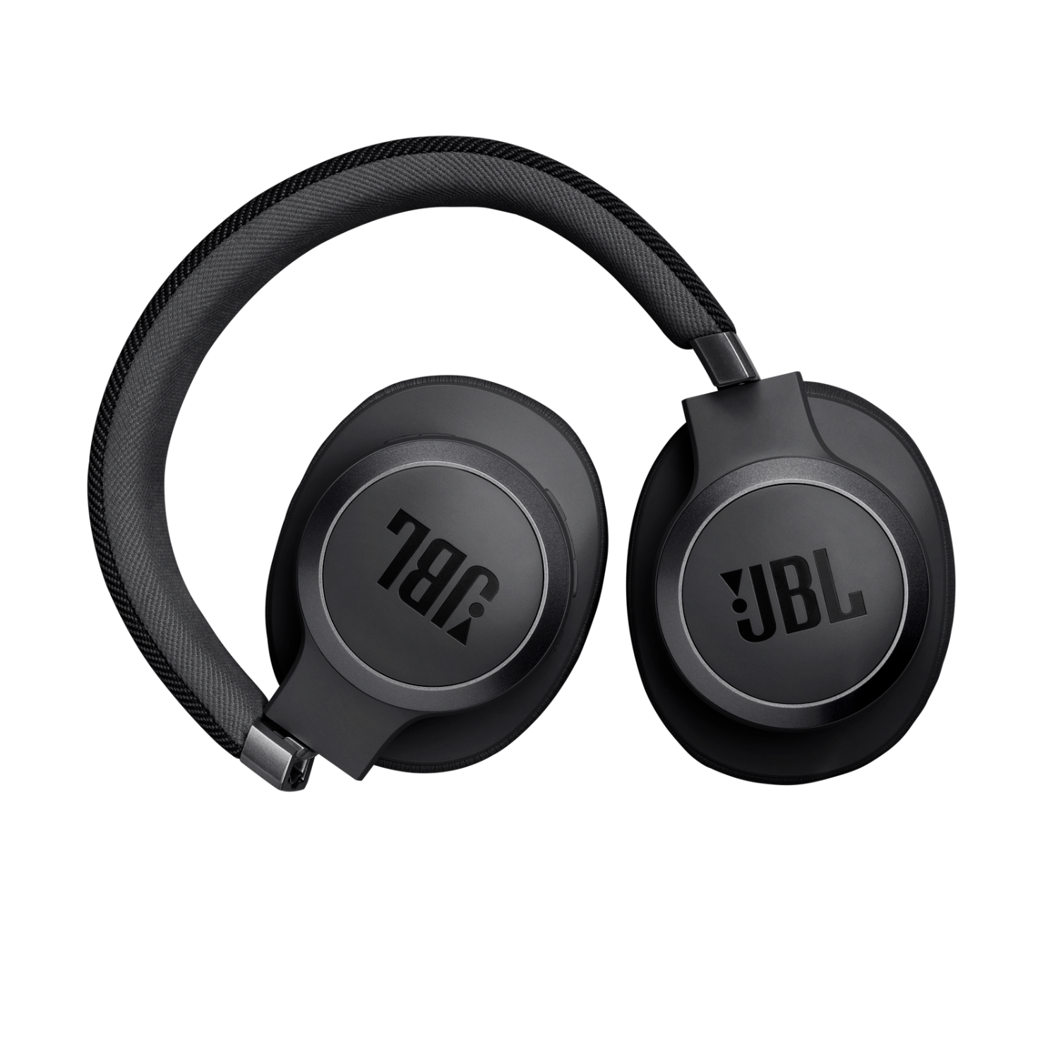 Zwarte JBL-hoofdtelefoon, opgevouwen. Zwarte achtergrond.
