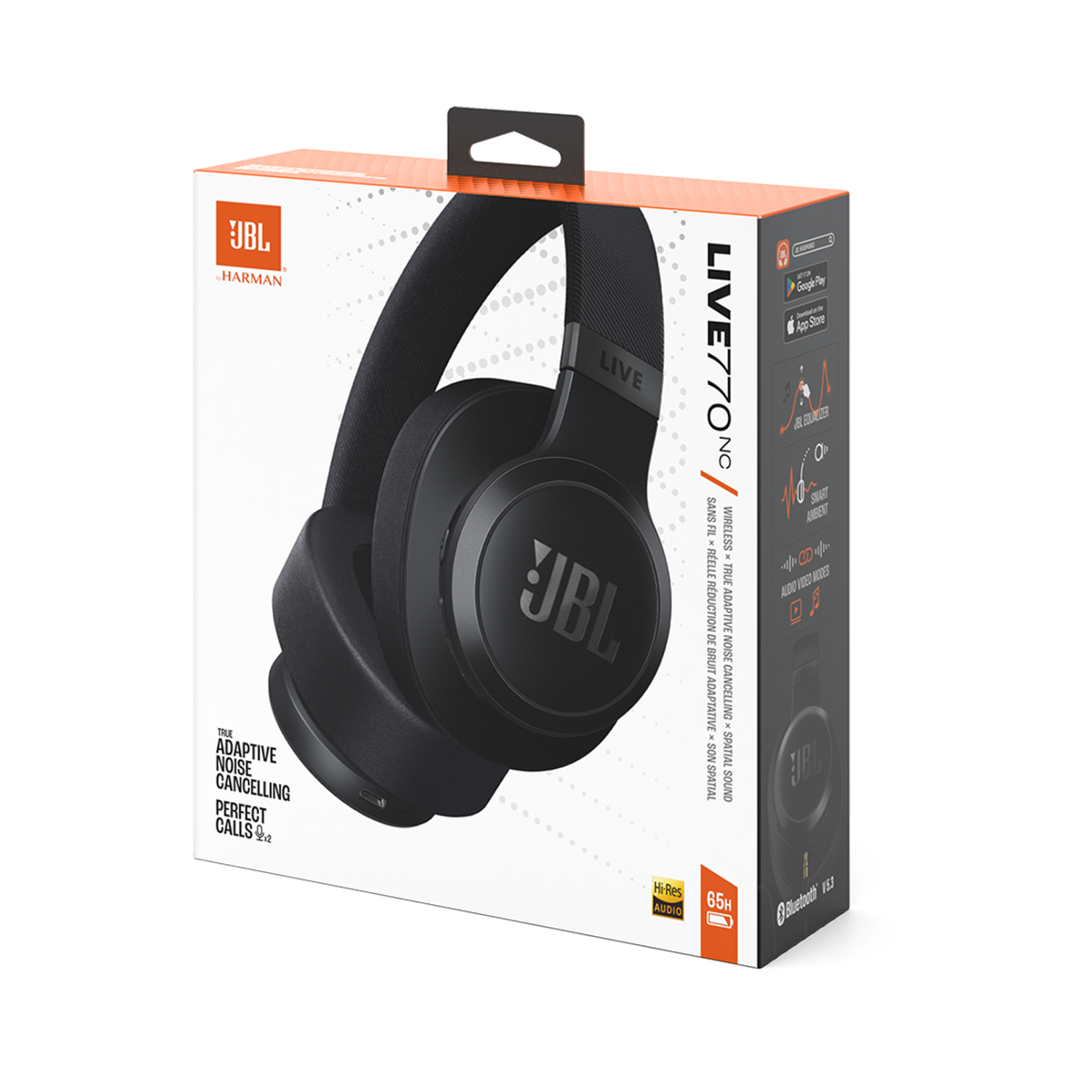 Zwarte JBL koptelefoon in een doos met productdetails en een afbeelding van de koptelefoon.