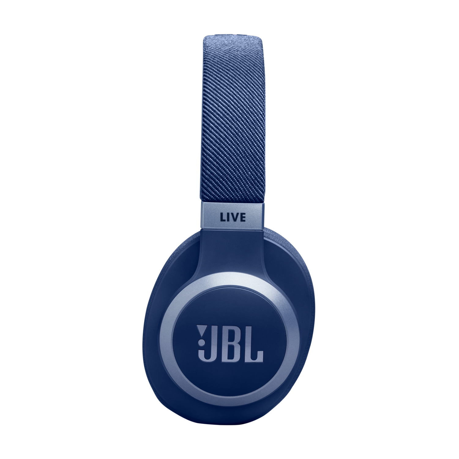 Blue JBL Live headphones, front view, on a black background. JBL logo is visible.
