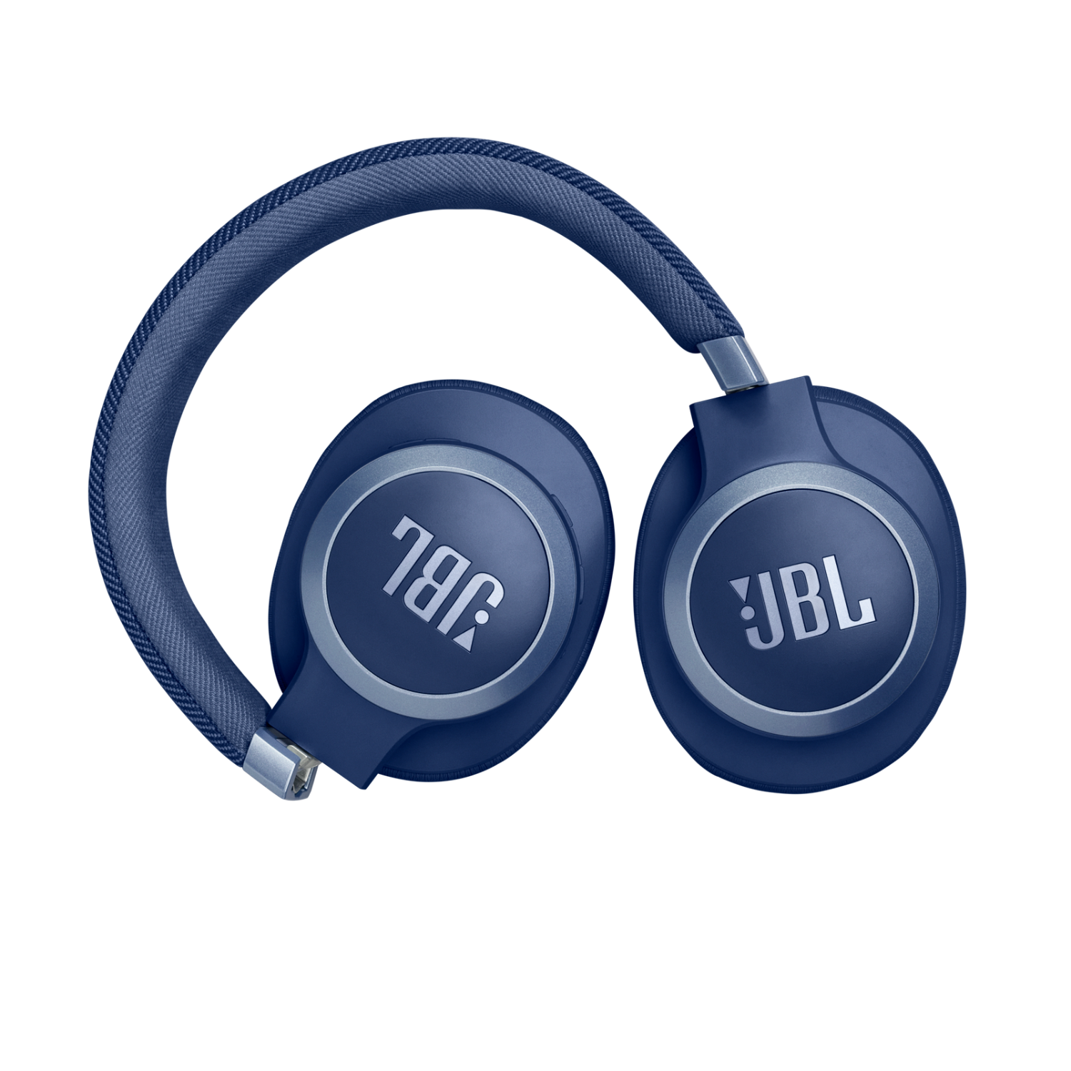 Blue JBL headphones on black background. 