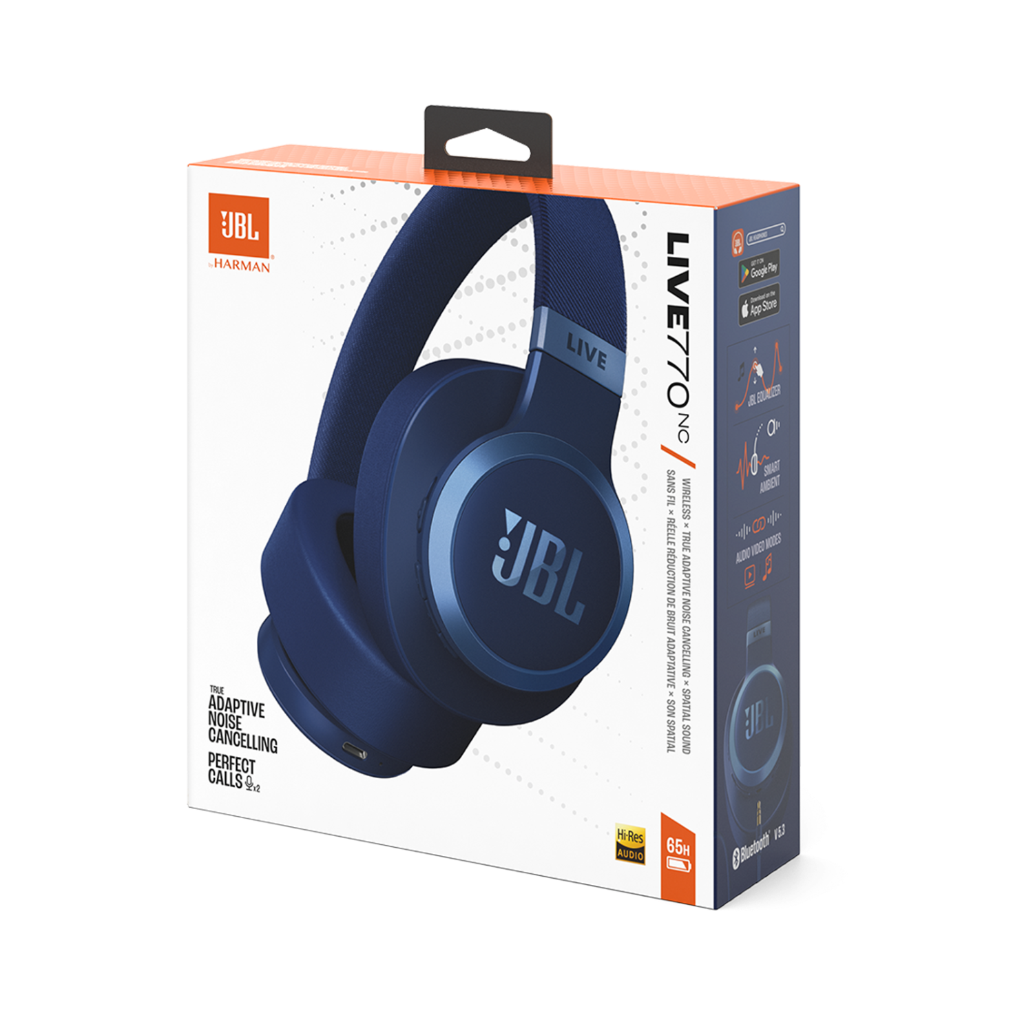 JBL-Kopfhörer in der Box. Blaue Kopfhörer, weiße Box.
