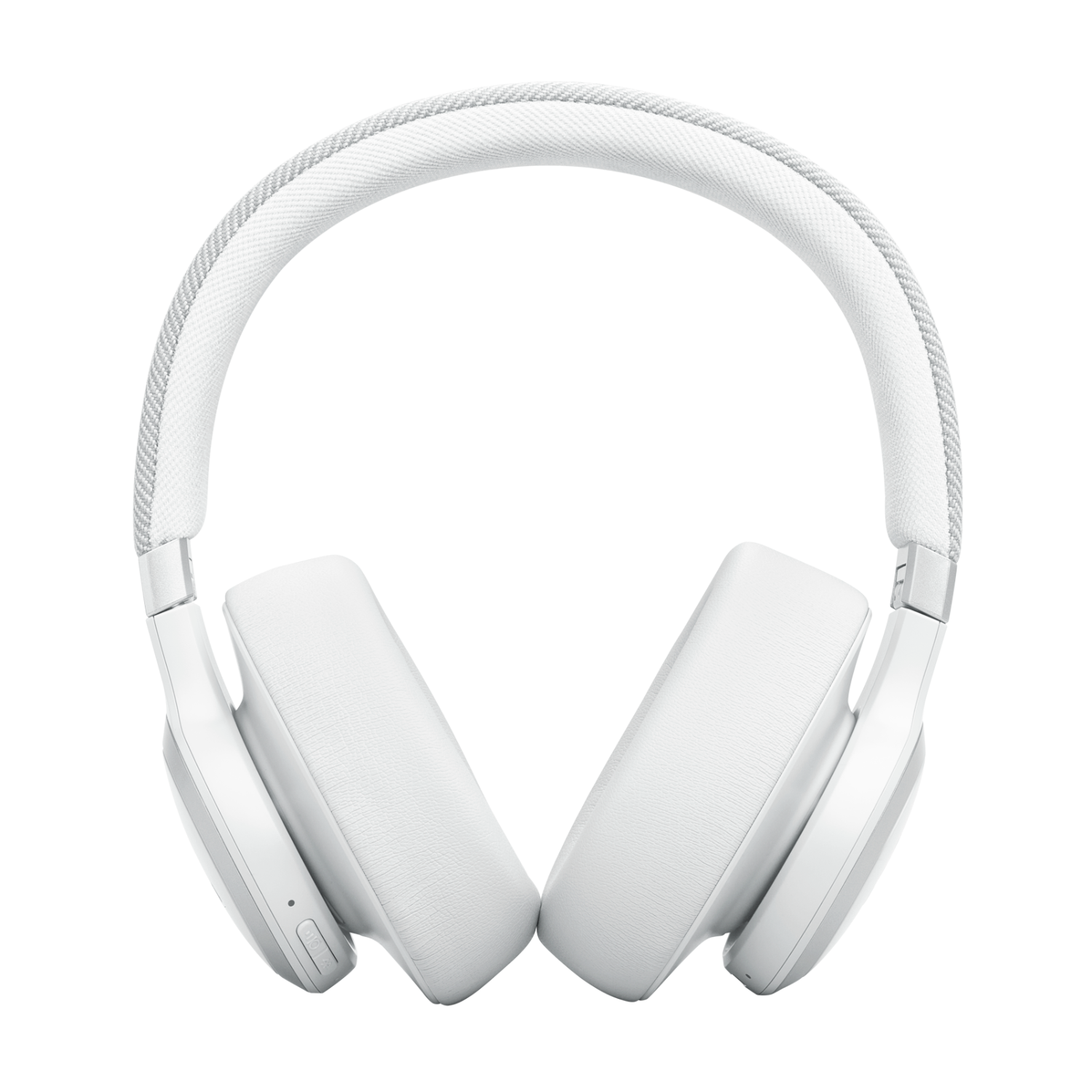 Witte koptelefoon. De hoofdband is grijs. Twee oorschelpen op een zwarte achtergrond.