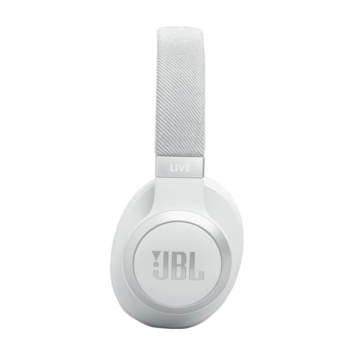 Witte JBL-hoofdtelefoon, van bovenaf gezien, met het JBL-logo zichtbaar.