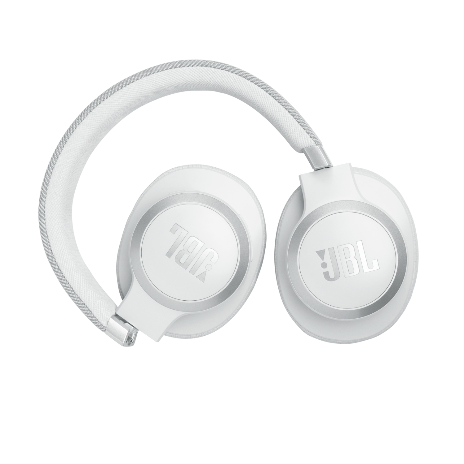 Witte JBL-hoofdtelefoon op een zwarte achtergrond. De hoofdtelefoon heeft een U-vorm.