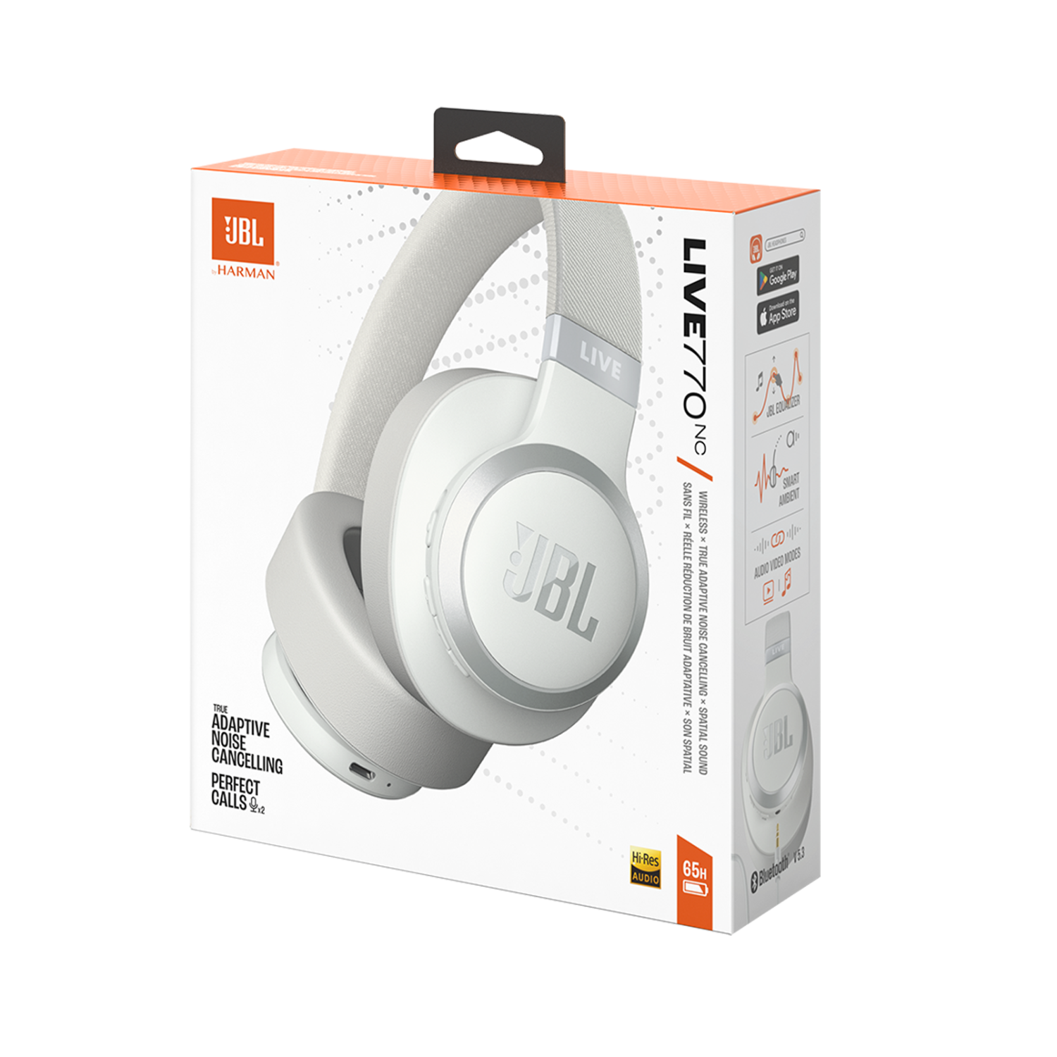 Weiße JBL-Kopfhörer in der Box. Die Box zeigt die Produktmerkmale und ein Bild der Kopfhörer.