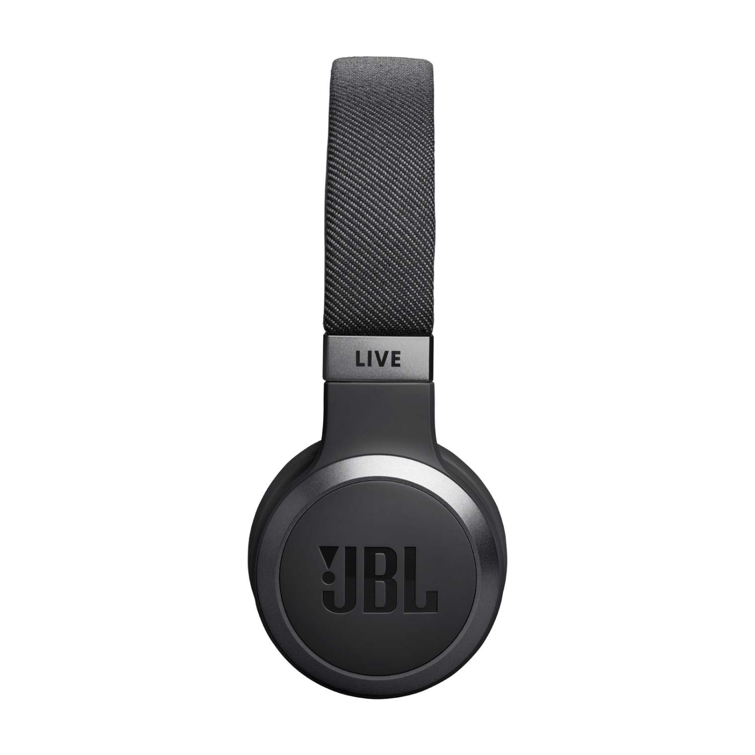 Zwarte JBL-koptelefoon. Hoofdband toont 'LIVE' en JBL-logo op de oorschelpen.