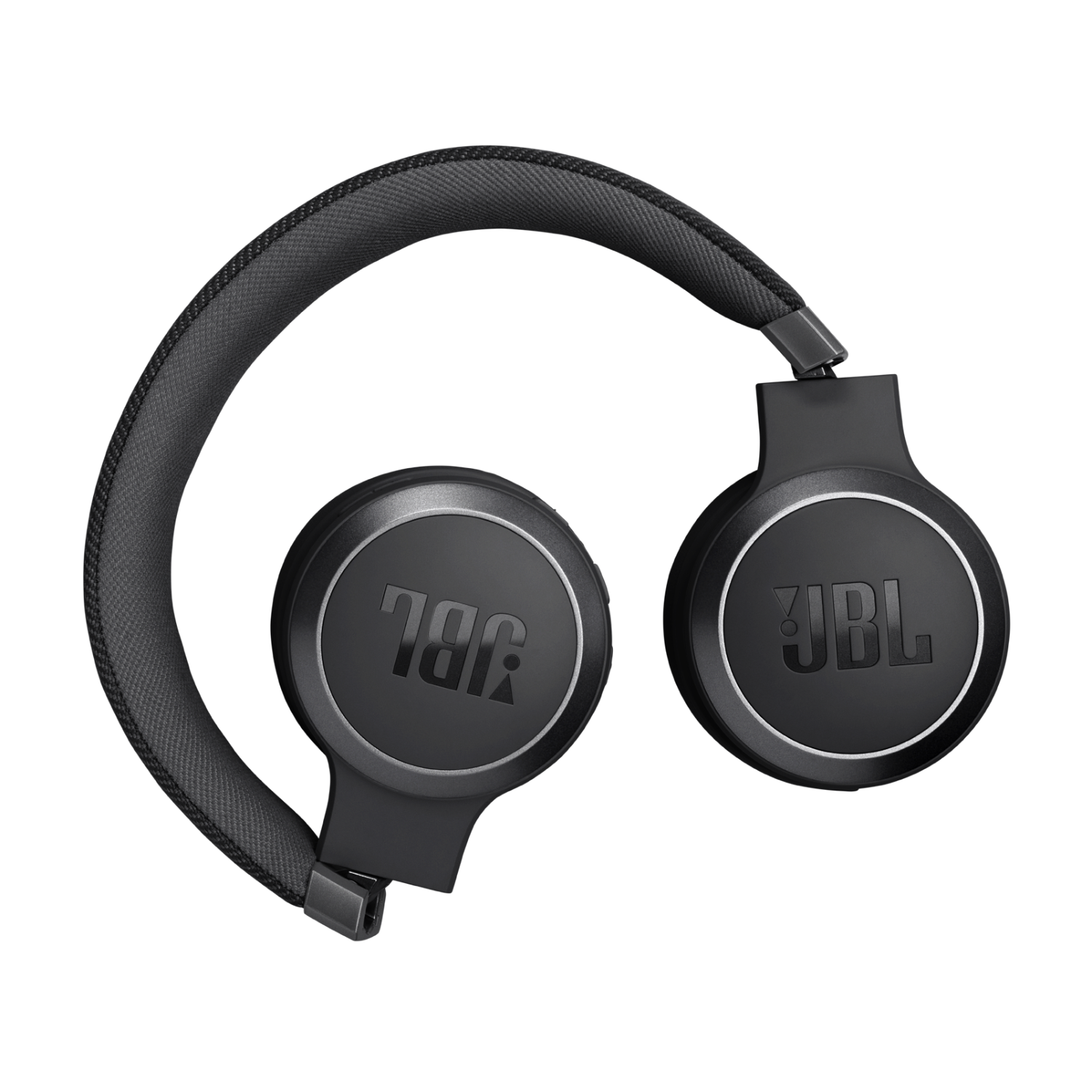 Zwarte JBL koptelefoon opgevouwen, met JBL logo op de oorschelpen.
