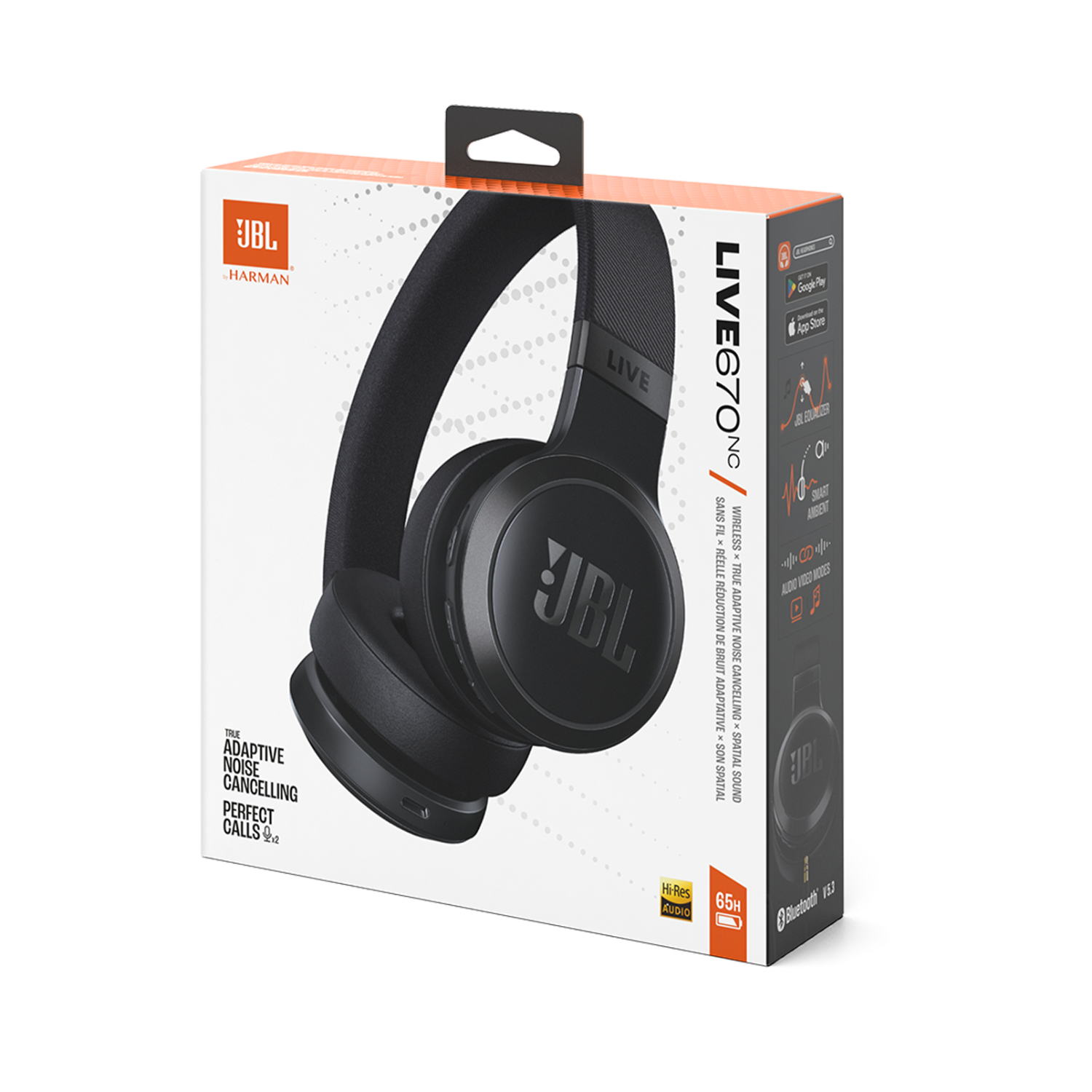 Zwarte JBL-koptelefoon in doos. De doos is oranje en wit met productinformatie.