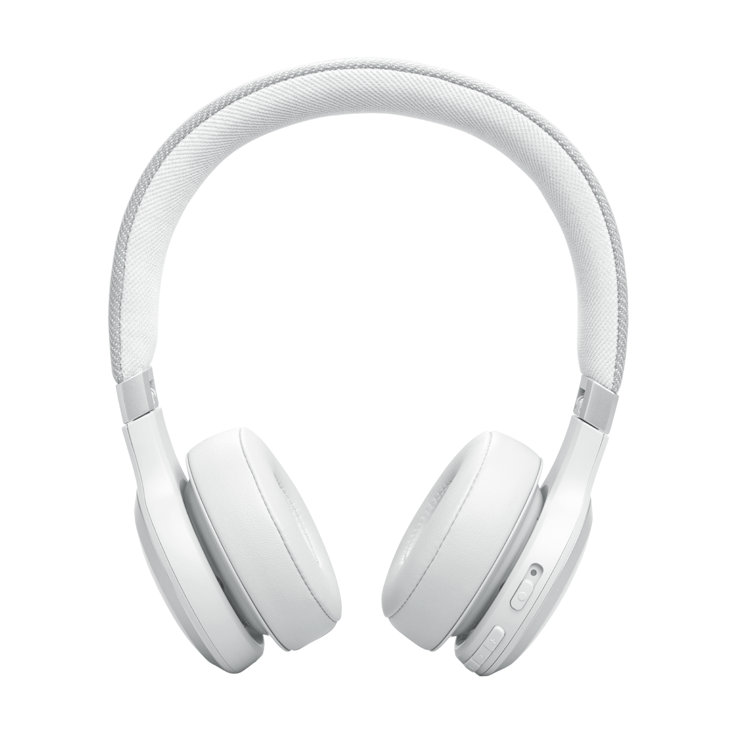 Witte koptelefoon met een witte hoofdband. De oorschelpen zijn ovaal. De achtergrond is effen.