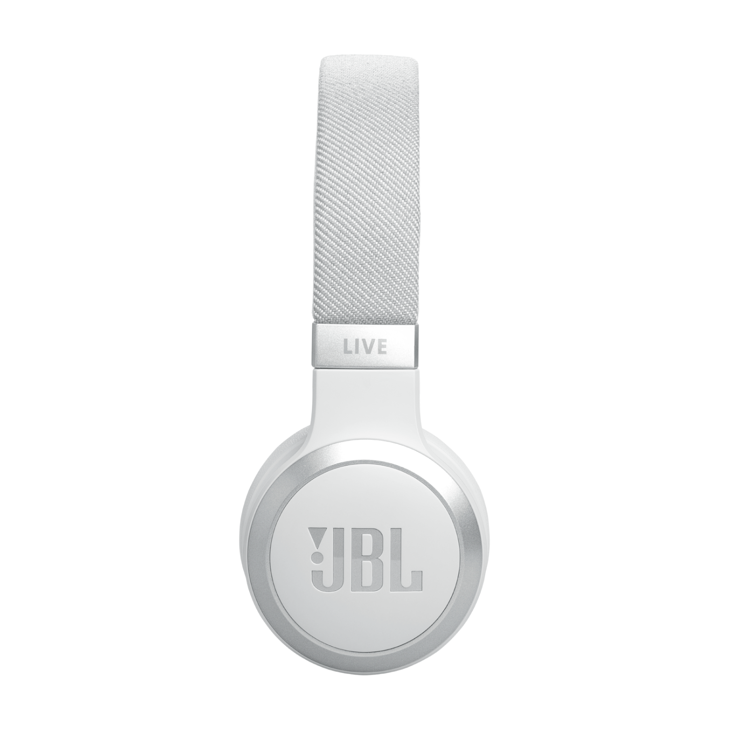 Witte JBL-koptelefoon met een zilveren accent. De band heeft 'LIVE' en het JBL-logo.